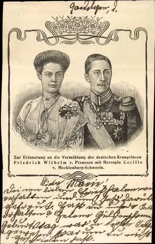 Ak Erinnerug an die Vermählung des deutschen Kronprinzen Wilhelm mit Herzogin Cecilie