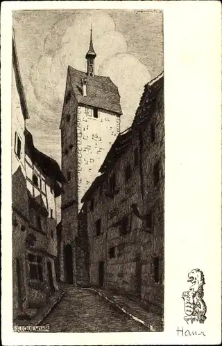 Künstler Ak Riquewihr Reichenweier Elsass Haut Rhin, Straßenpartie im Ort