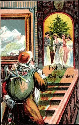 Ak Frohe Weihnachten, Weihnachtsmann mit Geschenkesack, wartende Frauen an der Tür