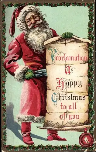 Präge Ak Frohe Weihnachten, Happy Christmas, Weihnachtsmann mit Schriftrolle