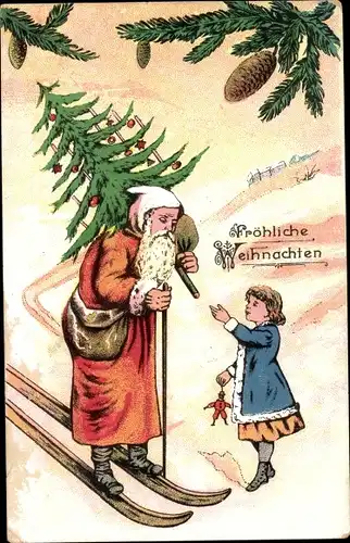 Ak Frohe Weihnachten, Weihnachtsmann mit Tannenbaum, Ski, Kind