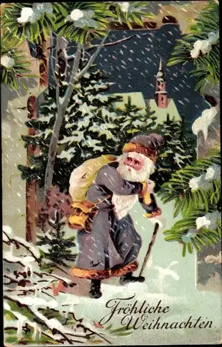 Präge Ak Frohe Weihnachten, Weihnachtsmann im verschneiten Wald
