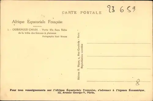 Ak Oubangui Chari  Zentralafrikanische Republik, Petite fille Sara Kaba de la tribu des femmes