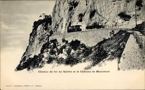 Ak Monnetier Mornex Haute Savoie, Chemin de fer du Saleve et le Chateau de Monnetier, Eisenbahn