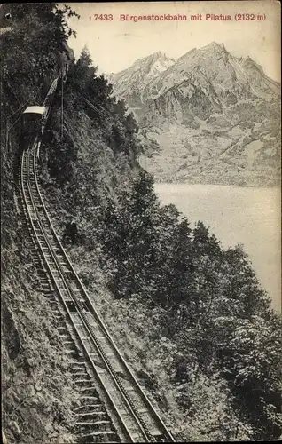 Ak Bürgenstock Kanton Nidwalden, Bürgenstockbahn mit Pilatus, Zahnradbahn