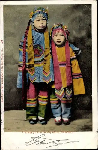 Ak Chinese girls in holiday attire, Chinatown San Francisco, Kinder in chinesischer Tracht