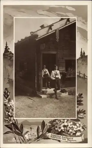 Passepartout Ak Erbprinz Luitpold und Albrecht von Bayern, Portrait vor einer Holzhütte