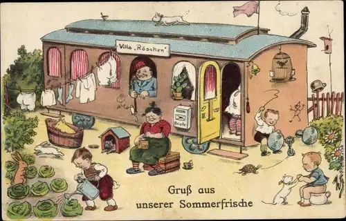 Künstler Ak Gruss aus unserer Sommerfrische, Haus, Kinder, Villa Röschen