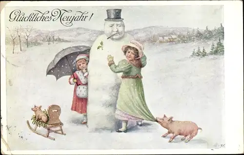 Künstler Ak Neujahr, Schneemann, Kinder, Schwein