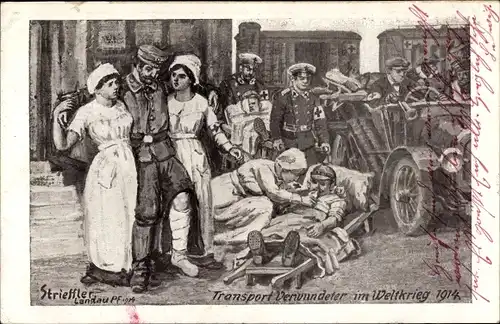 Künstler Ak Strieffler, Transport Verwundeter im Weltkrieg 1914, Deutsches Rotes Kreuz, I WK