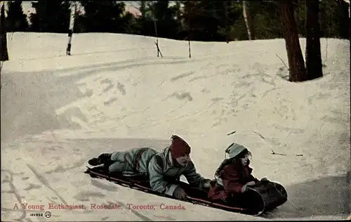 Ak A young Enthusiast, Rosedale, Toronto, Schlittenfahrt, Kinder