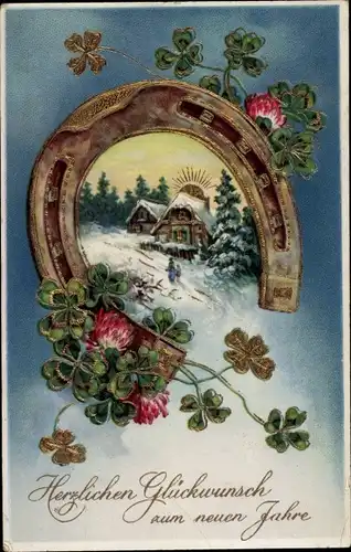 Ak Glückwunsch Neujahr, Hufeisen, Glücksklee, Dorf, Sonnenaufgang