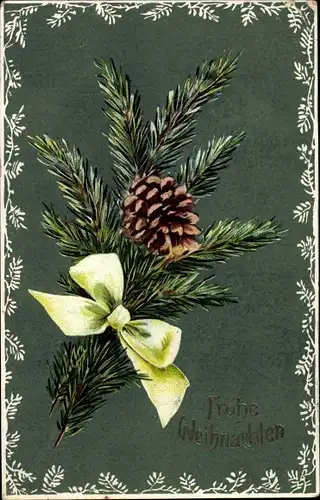 Ak Glückwunsch Weihnachten, Tannenzweige, Zapfen, Schleife