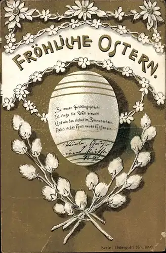 Präge Ak Glückwunsch Ostern, Osterei, Weidenkätzchen und Blumen