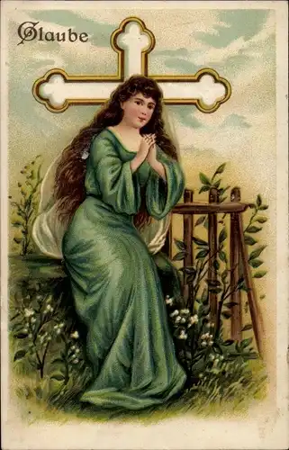 Präge Ak Betende Frau, Kreuz, Glaube, Allegorie