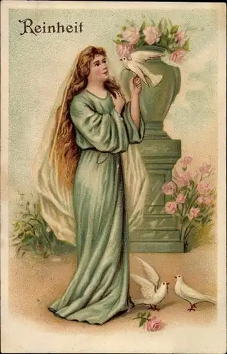 Präge Ak Frau mit Tauben, Rosen, Reinheit, Allegorie