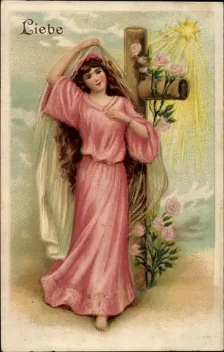Präge Ak Junge Frau in rosa  Kleid, Kreuz, Stern, Liebe, Allegorie