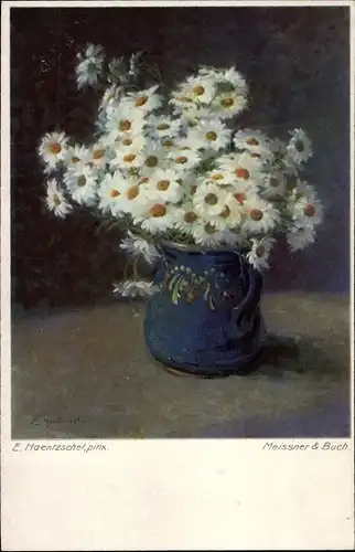 Künstler Ak Haentzschel, E., Weiße Blumen in blauem Krug, Meissner und Buch 2302