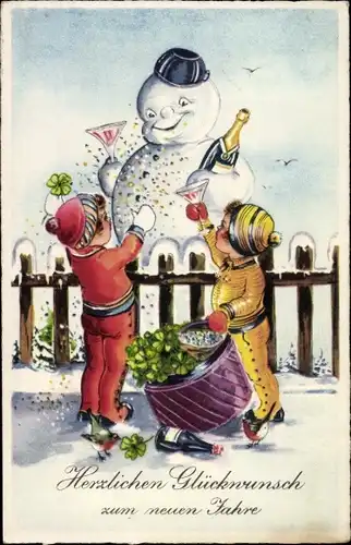 Ak Glückwunsch Neujahr, Schneemann mit Sektflasche, Kinder, Kleeblätter