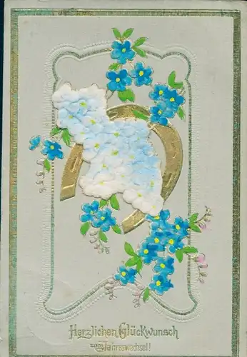 Präge Ak Glückwunsch Neujahr, Hufeisen, Vergissmeinnicht