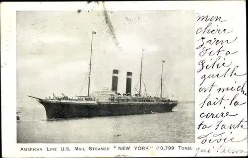 Ak American Line US Mail Steamer New York, Dampfschiff