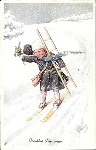 Künstler Ak Feiertag, Karl, Neujahrsgruß, Mädchen als Schornsteinfeger auf Skiern, BKWI