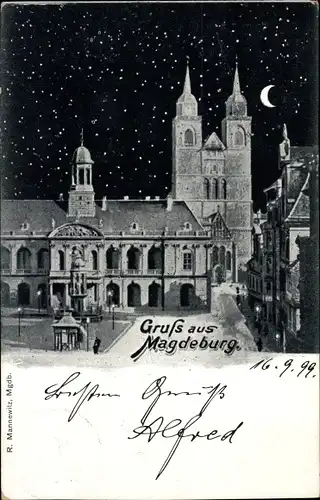 Ak Magdeburg, Alter Markt, Rathaus, Johanniskirche, Nacht