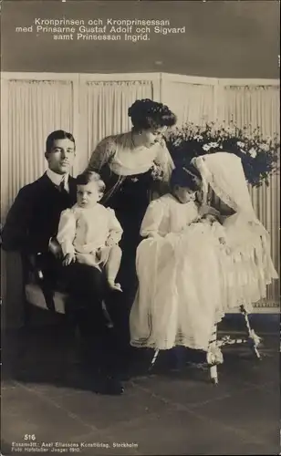 Ak Kronprinz Gustav VI. Adolf, Kronprinzessin Margaret of Connaught, Gustav Adolf, Sigvard, Ingrid