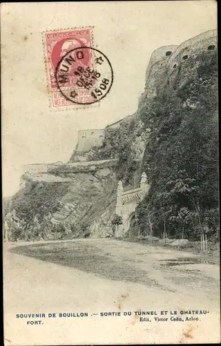 Ak Bouillon Wallonien Luxemburg, Sortie du tunnel et le Chateau-Fort