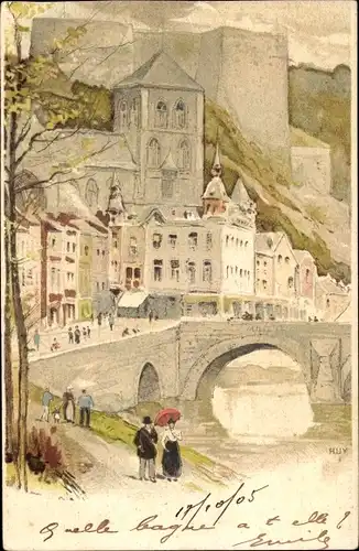 Künstler Ak Huy Wallonien Lüttich, Burg, Brücke, Spaziergänger