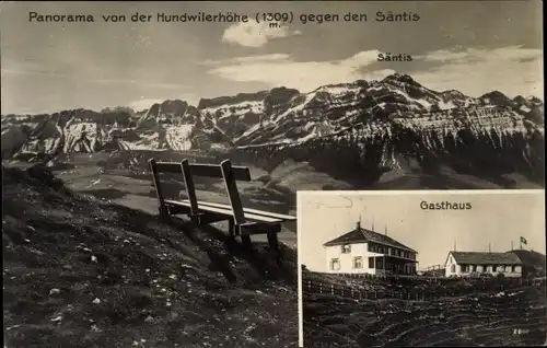 Ak Hundwil Halbkanton Appenzell Außerrhoden, Panorama von der Hundwilerhöhe, Säntis, Gasthaus