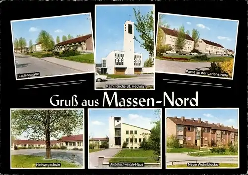 Ak Massen Nord Unna im Ruhrgebiet, Kirche, Ladenstraße, Hellwegschule