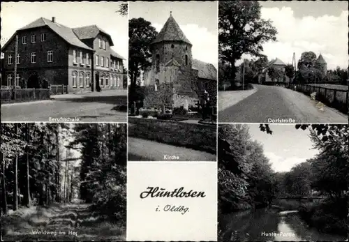 Ak Huntlosen Großenkneten in Oldenburg, Berufsschule, Kirche, Dorfstraße, Hunte, Waldweg