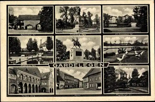 Ak Gardelegen Altmark, Hindenburg Platz, Salzwedeler Tor, Stadtgraben, Markt, Rathaus, Denkmal