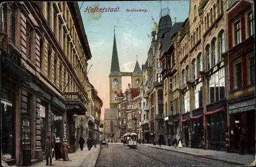 Ak Halberstadt in Sachsen Anhalt, Blick in den Breiteweg, Straßenbahn, Zigarrengeschäft