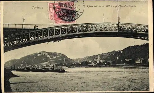 Ak Koblenz am Rhein, Rheinbrücke mit Blick auf Ehrenbreitstein