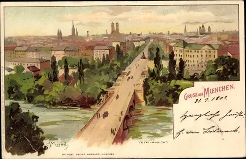 Künstler Litho Münch, C., München, Panorama, Brücke, Kirchturm