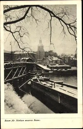 Ak Berlin Spandau, Wintertag, Kirchturm, Brücke