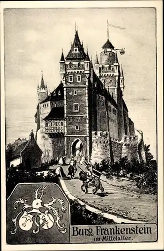 Wappen Ak Nieder Beerbach Mühltal im Odenwald, Burg Frankenstein im Mittelalter, Ritter, Wappen