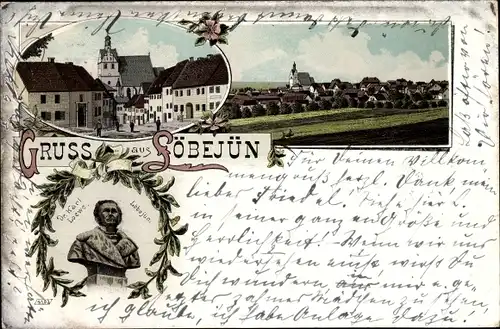 Litho Wettin Löbejün im Saalekreis, Büste Dr. Karl Loewe, Blick auf den Ort