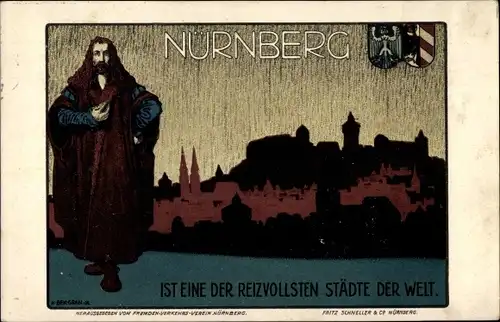 Künstler Ak Nürnberg in Mittelfranken, Silhouette der Stadt, Wappen, Albrecht Dürer