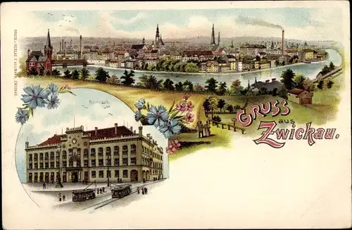 Litho Zwickau in Sachsen, Rathaus, Gesamtansicht