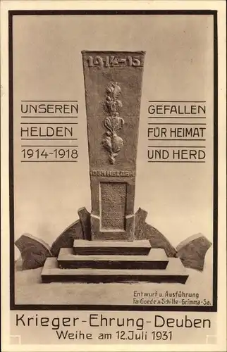 Ak Deuben Bennewitz Sachsen, Kriegerdenkmal, Weihe 1931