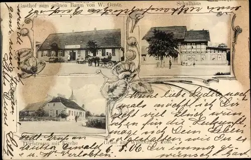 Ak Wildberg in Vorpommern, Gasthof zum grünen Baum, Schulhaus, Dorfstraße mit Kirche