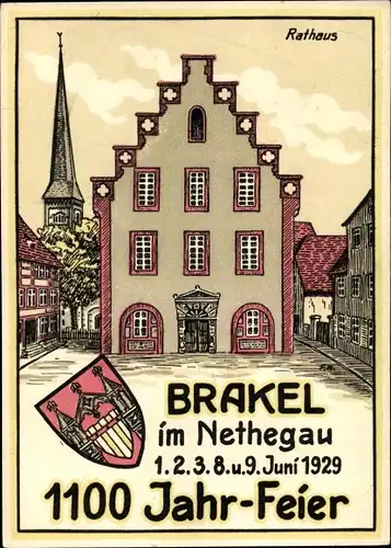 Wappen Künstler Ak Brakel im Nethegau, 1100 Jahrfeier 1929, Rathaus