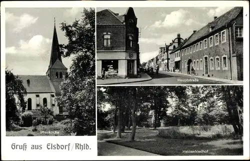 Ak Elsdorf im Rheinland, Hauptstraße, Pfarrkirche, Heldenfriedhof