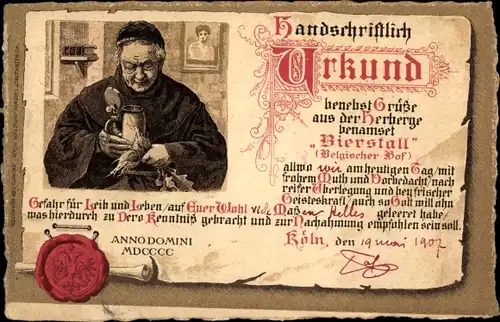 Litho Köln am Rhein, Urkunde, Bierstall, Belgischer Hof, Mönch mit Bierkrug