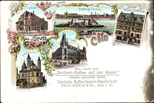 Litho Köln am Rhein, Stadttheater, Schiffbrücke, Deutz, Rathaus am Altmarkt, Post, Apostelkirche