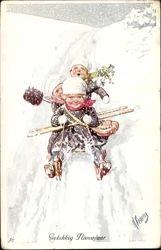 Künstler Ak Feiertag, Karl, Schlittenfahrt, Neujahrsgruß, Schornsteinfeger, BKWI