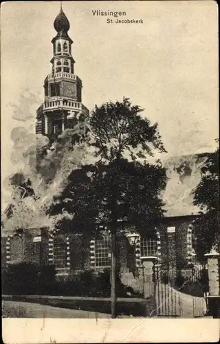 Ak Vlissingen Zeeland Niederlande, Brand van de St Jacobskerk met toren op 5 September 1911